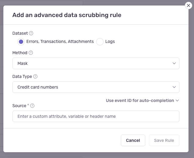 Add an advanced data scrubbing rule dialog showing dataset selection, method, data type, and source fields