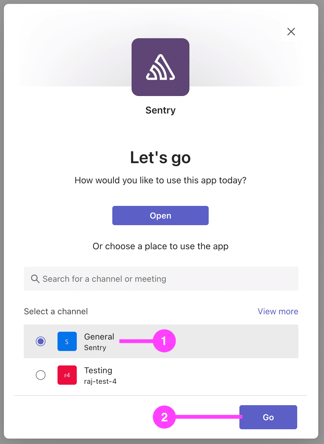 Microsoft Teams installation modal with channel selection